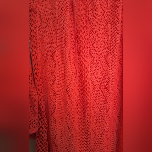 2tee Couture Bright Red Crochet Dress Size Large With Open Flow Sleeves - Picture 7 of 7